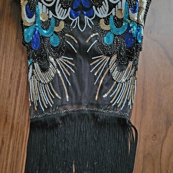 NWT Sparkly Flapper Dress in Black w/ Blue, White, and Gold Sequins & Fringe Hem - Picture 2 of 6